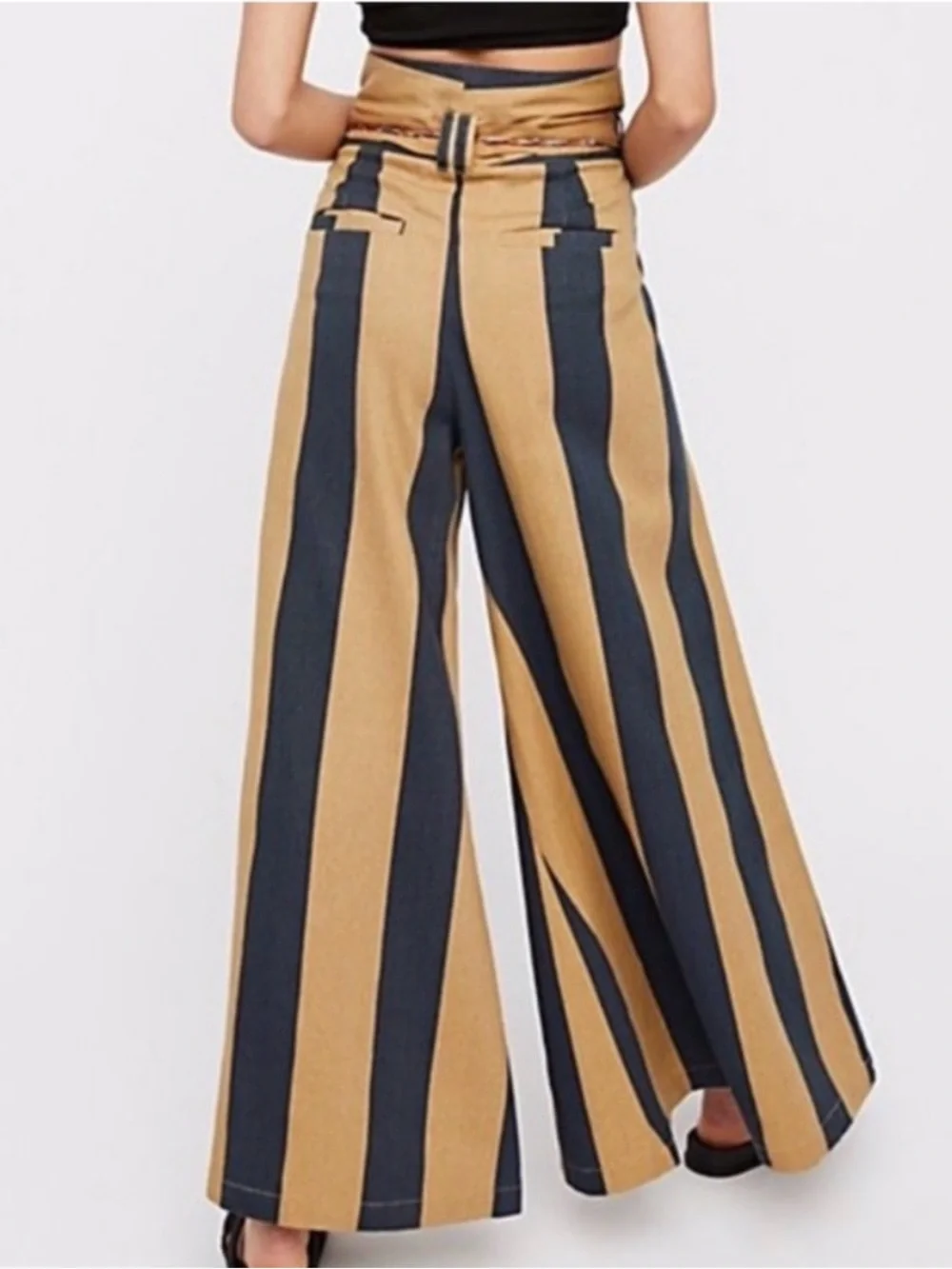 Free People Black and Tan Vertical-Stripe Marjorie Pants